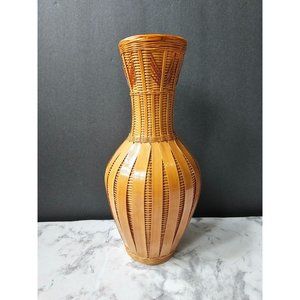 Vintage Shanghai Handicrafts 9.75" Wicker Rattan Over Ceramic  Bud Vase